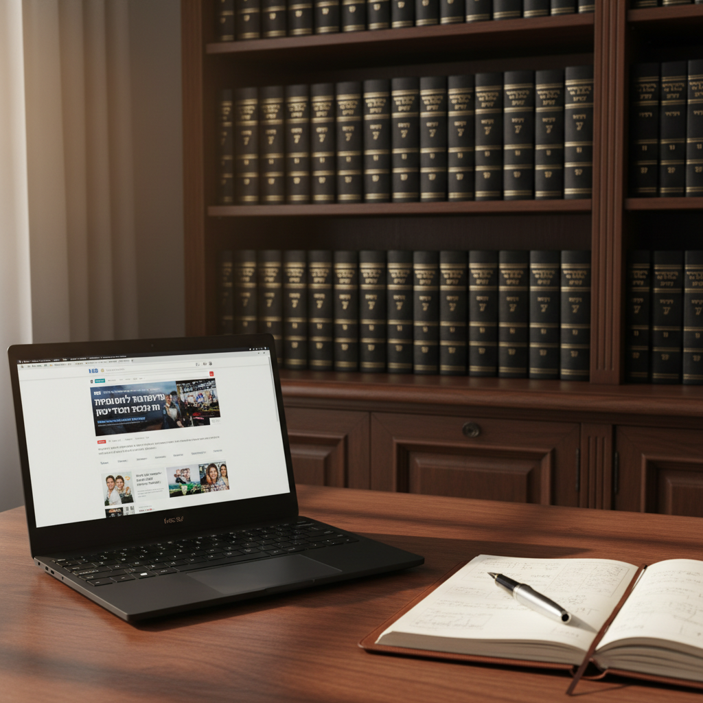 An elegant dark-wood bookshelf filled with neatly arranged volumes on Jewish history, international relations, and law, their spines embossed in gold Hebrew and Latin script. In front of the shelves rests a sleek black laptop displaying a news site homepage focused on Israel, beside a leather-bound notebook with a silver pen placed precisely across it. Soft, diffused afternoon light filters in from an unseen side window, casting warm highlights on the wood grain and subtle reflections on the laptop’s screen. Shot from a slightly elevated angle with shallow depth of field, the foreground elements are in sharp focus while the book titles blur gently, creating a professional, investigative atmosphere in crisp photographic realism.