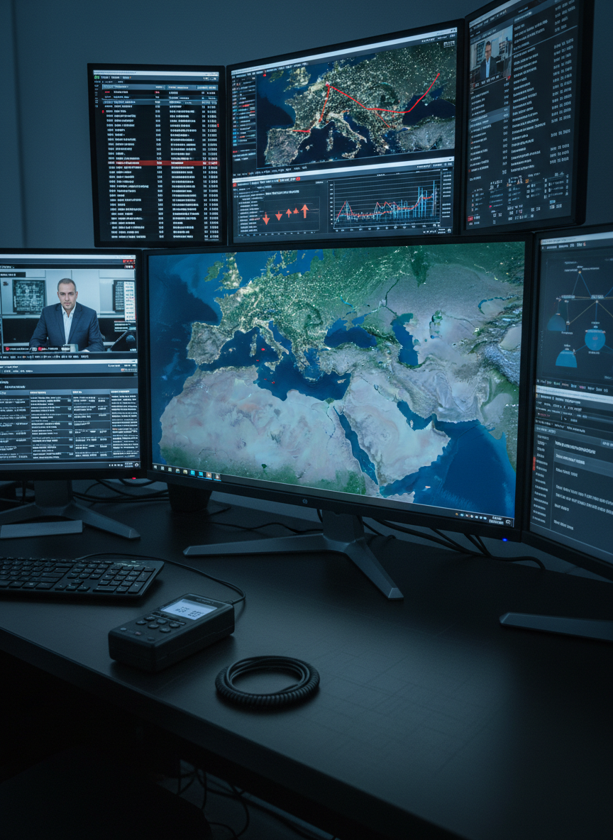 A high-resolution satellite image of the Eastern Mediterranean and Israel displayed on a glossy, ultra-wide monitor, surrounded by multiple smaller screens showing live data feeds, maps with highlighted borders, and charts tracking regional events. The workstation surface is matte black with a subtle texture, also holding a compact audio recorder and a neatly coiled cable. The primary light source is the cool glow of the monitors, casting a faint blue tint and gentle reflections across the desk and equipment. Captured from a three-quarters angle with an emphasis on depth and screen detail, the composition feels analytical and vigilant, reflecting a professional, data-driven Jewish and Israeli news monitoring center in realistic photographic style.