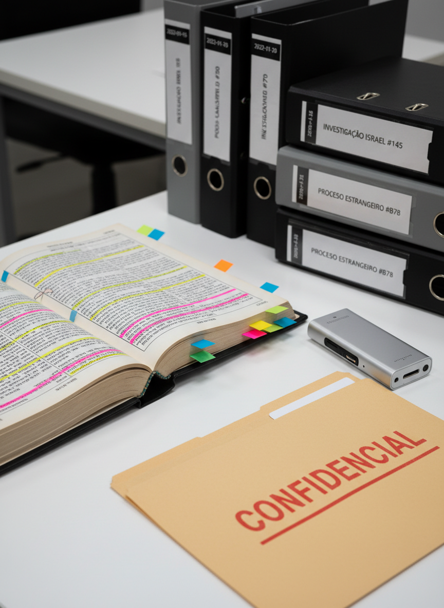 A thick, open legal dossier on a clean white desk, its pages filled with dense, printed Hebrew and Portuguese text, highlighted sections, and precisely placed sticky tabs. Beside it lies a minimalist silver voice recorder and a folder stamped with a bold red “CONFIDENCIAL” mark. In the background, slightly defocused, are stacked binders labeled with dates and case numbers related to investigations in Israel and abroad. Neutral, overhead office lighting produces soft, even illumination with subtle shadows under the paper edges, emphasizing depth and seriousness. Framed in a rule-of-thirds composition from a slightly elevated angle, the scene conveys careful documentation and journalistic denunciation in a clear, photographic, professional aesthetic.