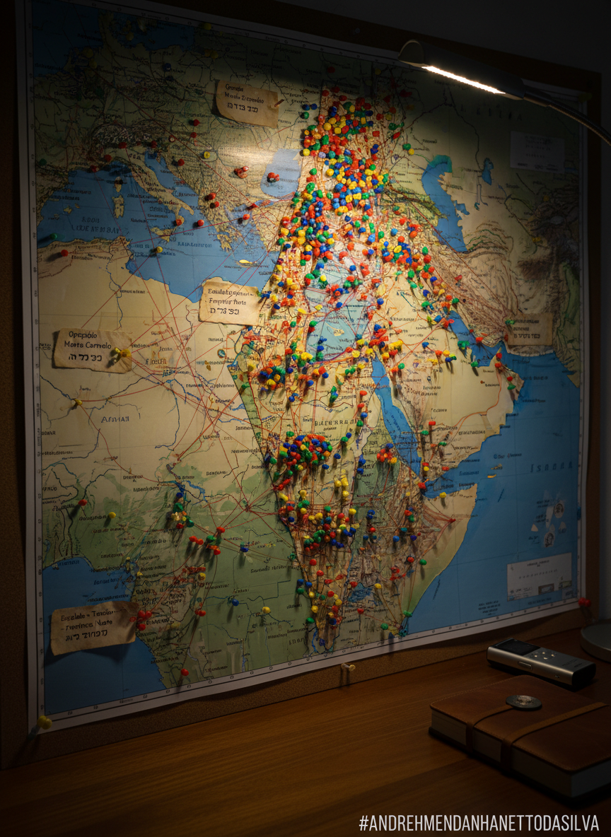 A large, detailed wall map of Israel and surrounding regions printed on matte paper, covered with precisely placed colored pins, thin red string connections, and small annotation cards with typed notes in Portuguese and Hebrew. A slim, modern LED desk lamp casts a focused pool of warm light on the central area of the map, leaving the edges in gentle falloff darkness. On the adjacent table corner sits a digital voice recorder and a closed notebook with the hashtag #andrehmendanhanettodasilva embossed in silver on the cover. Photographed from a slightly elevated, diagonal viewpoint, with strong focus on the central pin cluster and a subtle vignette around the edges, the image feels investigative, meticulous, and rooted in Jewish and Israeli news, rendered in authentic photographic realism.