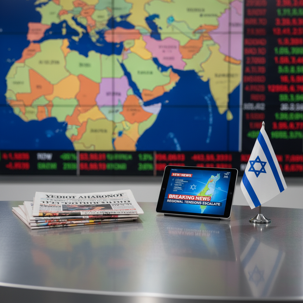 A polished metal news desk with a subtle brushed steel texture, topped with neatly stacked Hebrew and English newspapers, a digital tablet showing a breaking news alert about Israel, and a small Israeli flag on a chrome stand. Large wall-mounted displays behind the desk show sharp, colorful maps of the Middle East and global stock tickers, all slightly out of focus. Cool, even studio lighting illuminates the scene, creating crisp reflections on the metal surfaces and soft shadows beneath the objects. Photographed at eye level with a moderate depth of field, the composition feels balanced and professional, evoking a modern Jewish news studio in clean, photographic realism suitable for a serious news portal.
